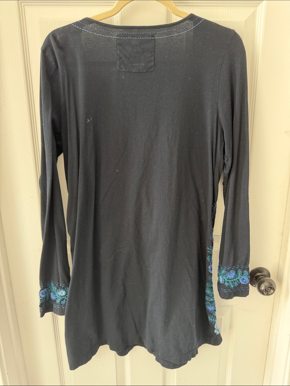 Johnny Was Black V-Neck Tunic with Blue and Teal Floral Embroidery - Picture 5 of 5